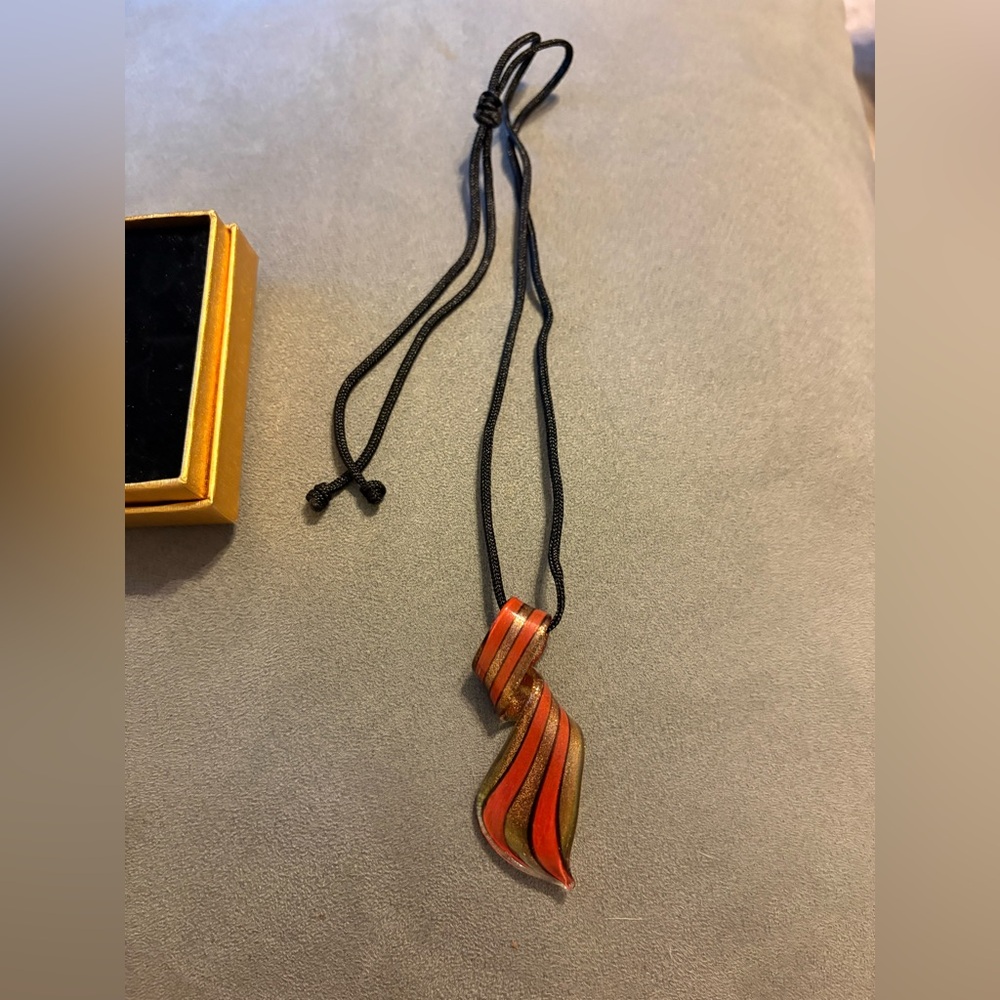 Art Glass Pendant Cord Necklace Made In Thailand NEW Orange Gold Abstract